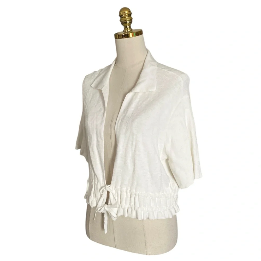 By Anthropologie Short-Sleeve Ivory Knit Cropped Sweater Topper Size Large
